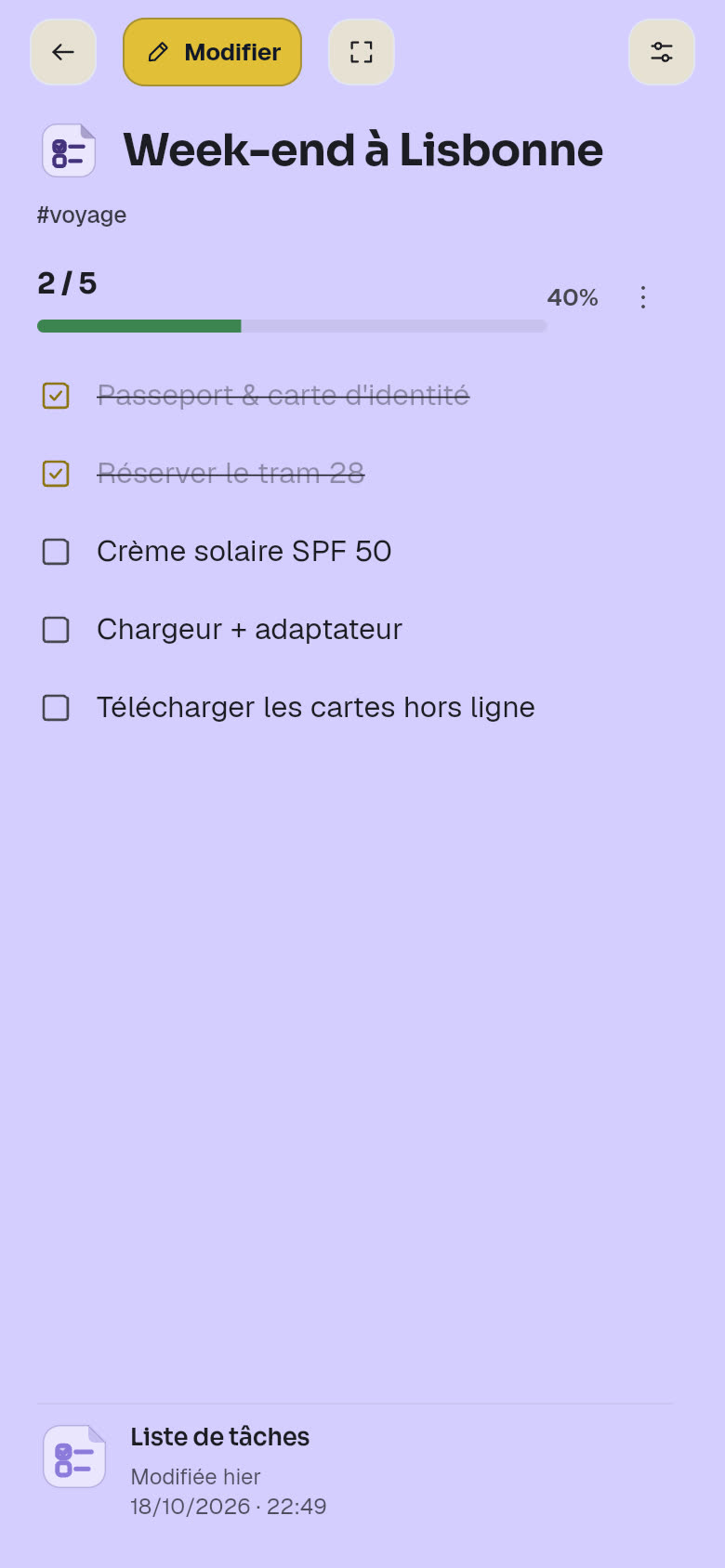 Capture réelle de DoNote : liste « Week-end à Lisbonne » en Immersion, deux éléments cochés