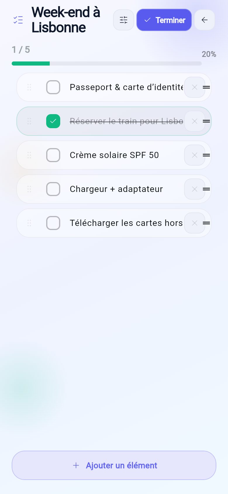 Capture réelle de DoNote : édition de la liste « Week-end à Lisbonne »