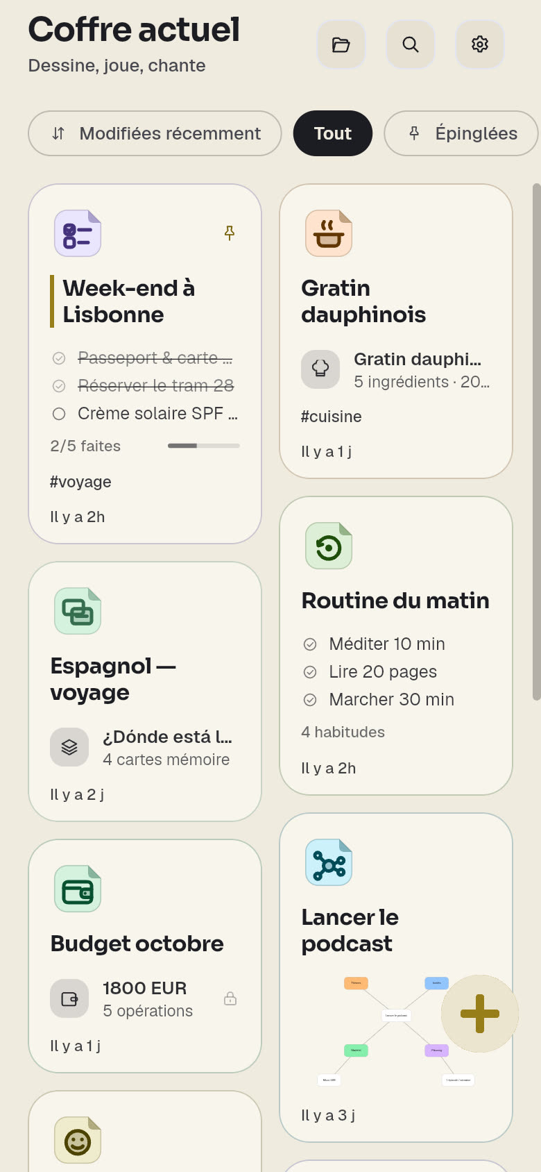 Capture réelle de DoNote : écran d’accueil, les notes en cartes, chacune avec l’icône et la couleur de son type