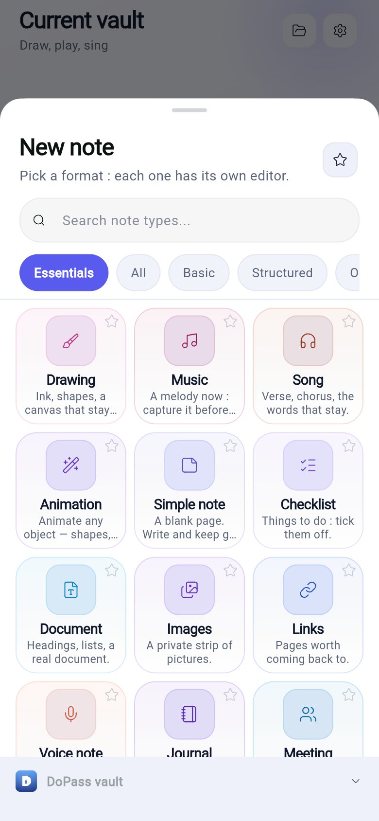 Real DoNote screenshot: New note sheet with note types