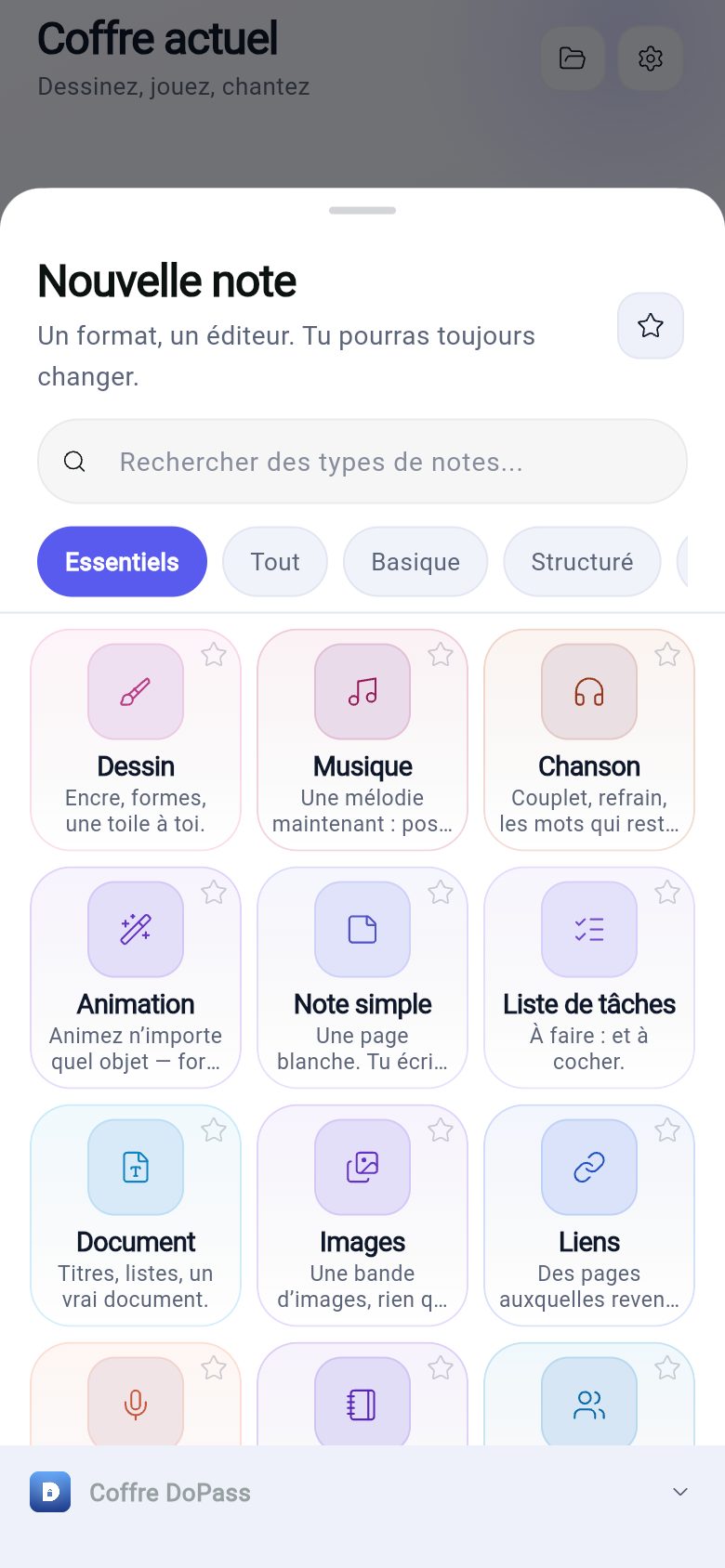 Capture réelle de DoNote : fenêtre Nouvelle note avec les types de notes
