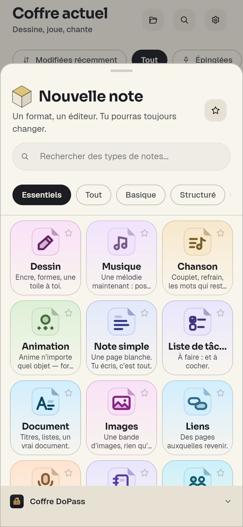 Capture réelle de DoNote : fenêtre Nouvelle note, les types de notes dans leurs couleurs